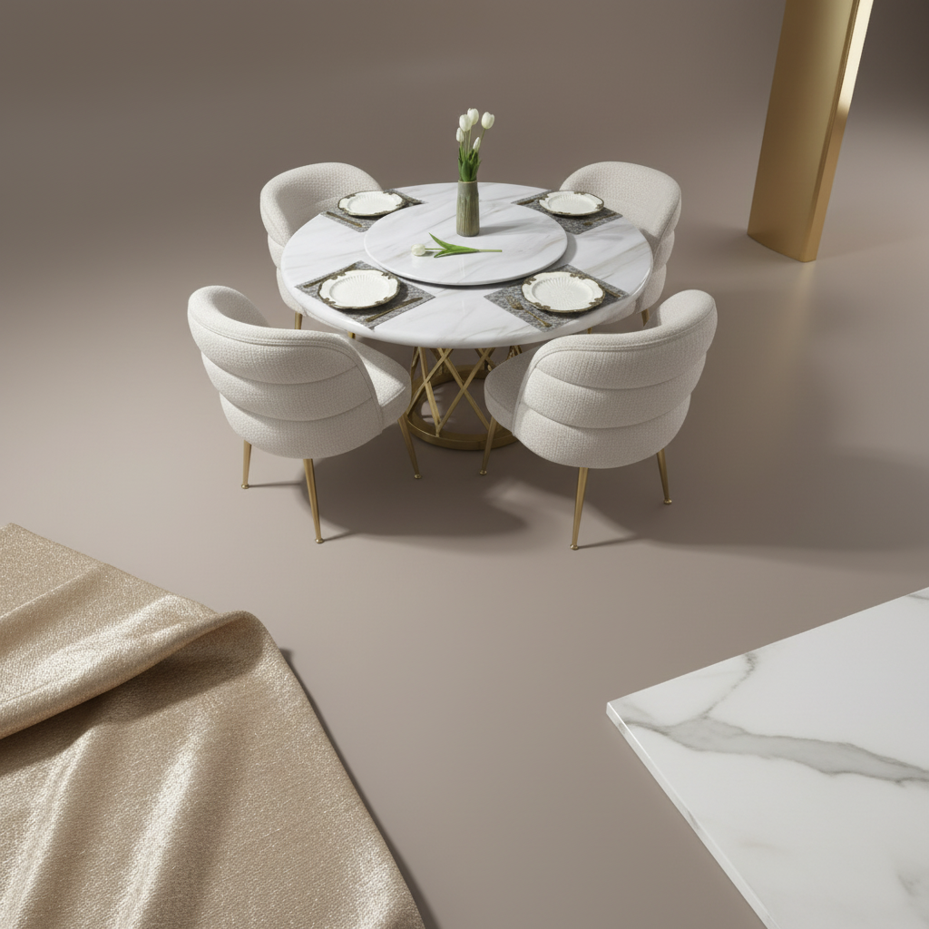 Luxury 5-Piece Round Faux Marble Dining Set with Rotating Lazy Susan and 4 Cream Bouclé Gold-Legged Chairs